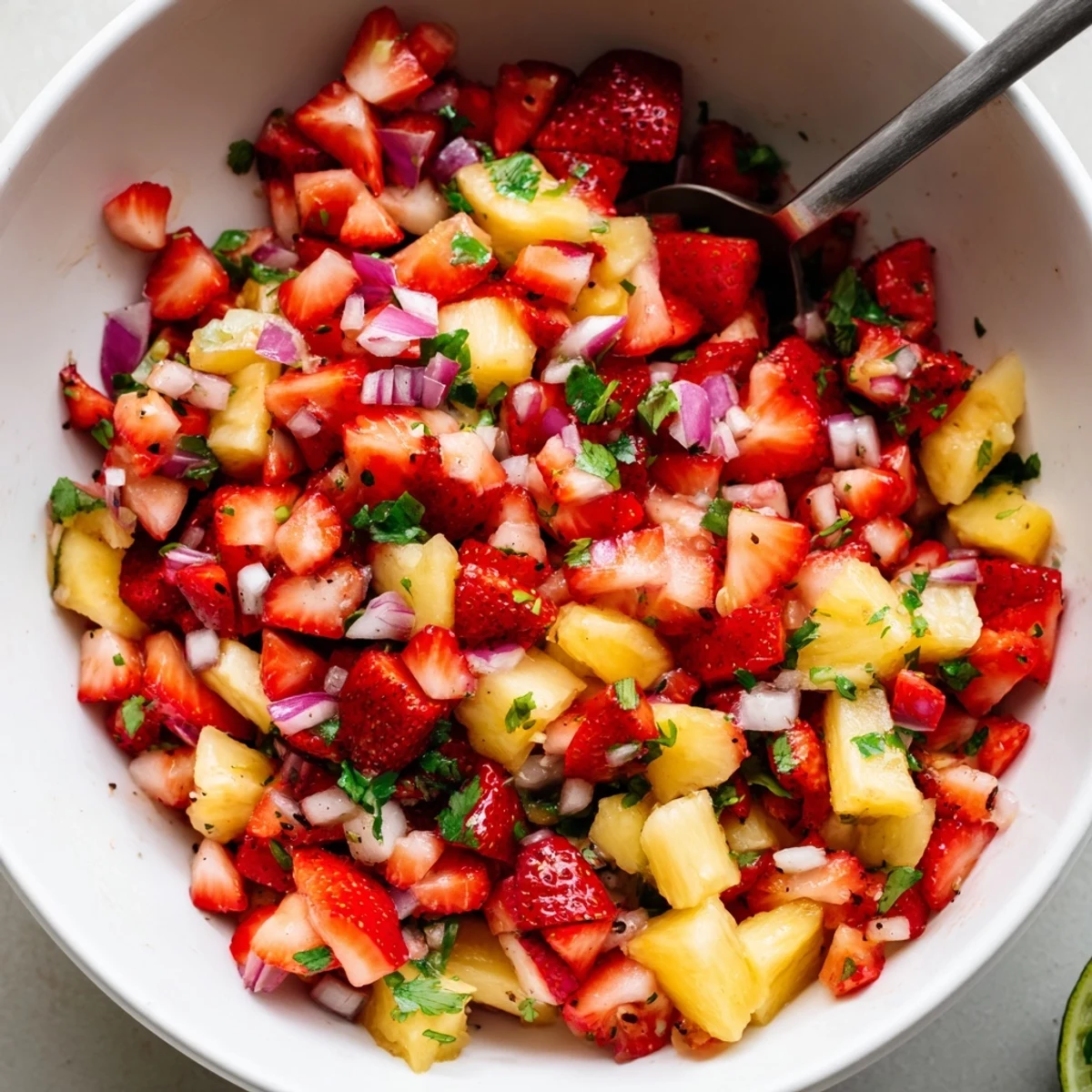 Strawberry Pineapple Salsa glistening with lime, jalapeño heat, cilantro flecks.