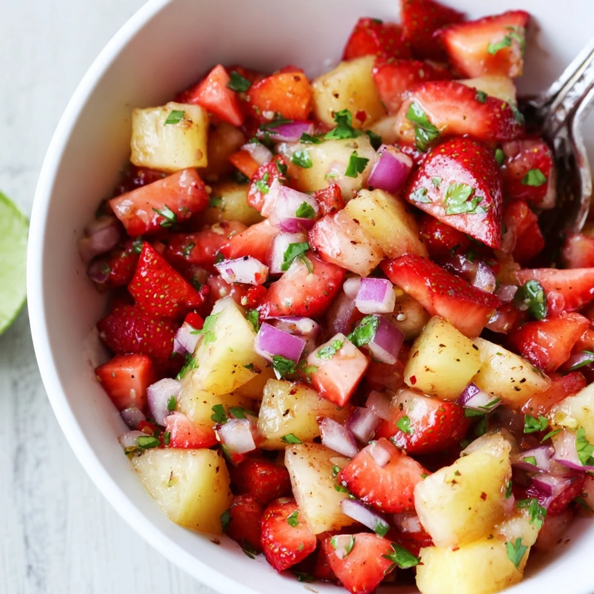 Strawberry Pineapple Salsa piled beside tortilla chips, bright, tangy summer topping.