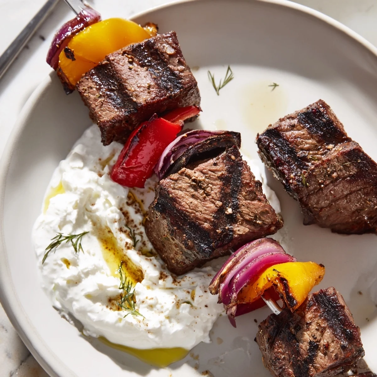 Juicy skewers: Baked or Grilled Greek Beef Kabobs With Whipped Feta Tzatziki Dip