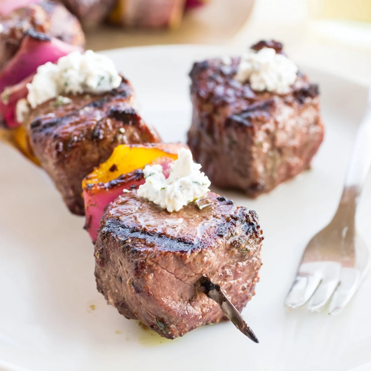Herb-sprinkled Baked or Grilled Greek Beef Kabobs With Whipped Feta Tzatziki Dip