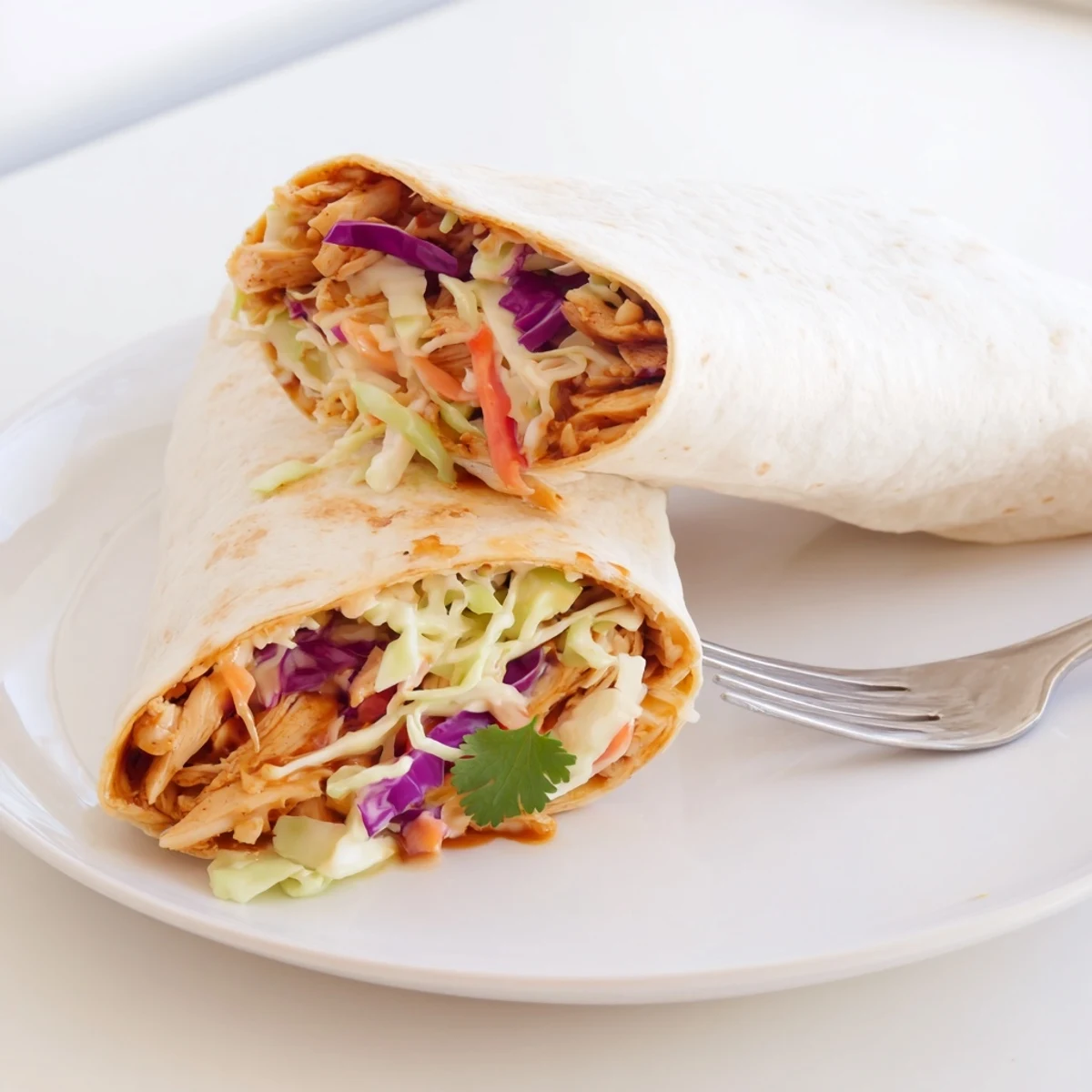 Warm Bbq Chicken Coleslaw Wraps rolled tightly, ready for picnic or lunch