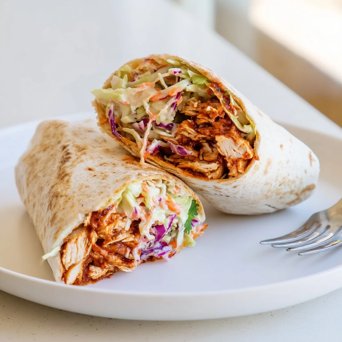 Smoky grilled Bbq Chicken Coleslaw Wraps with bright cilantro and crunchy slaw