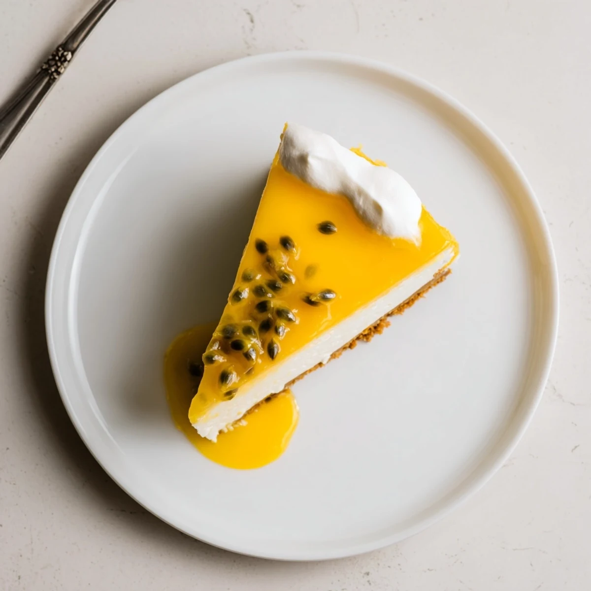 Mouthwatering Passion Fruit Cheesecake garnished with fresh passion fruit seeds and whipped cream