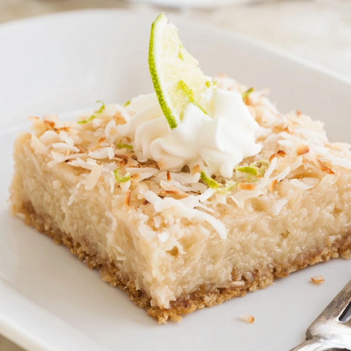 Tropical Chill Coconut Lime Bars on parchment, topped with toasted coconut  