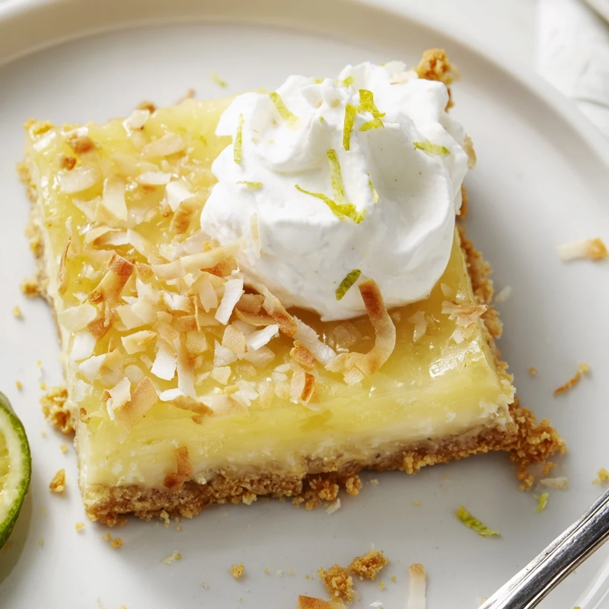 Chilled Tropical Chill Coconut Lime Bars sliced, creamy filling and zesty lime  