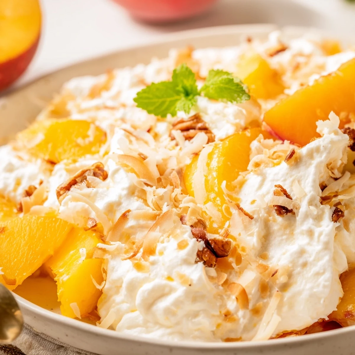 Millionaire Peach Salad glistening with juicy peach slices and toasted pecan crunch