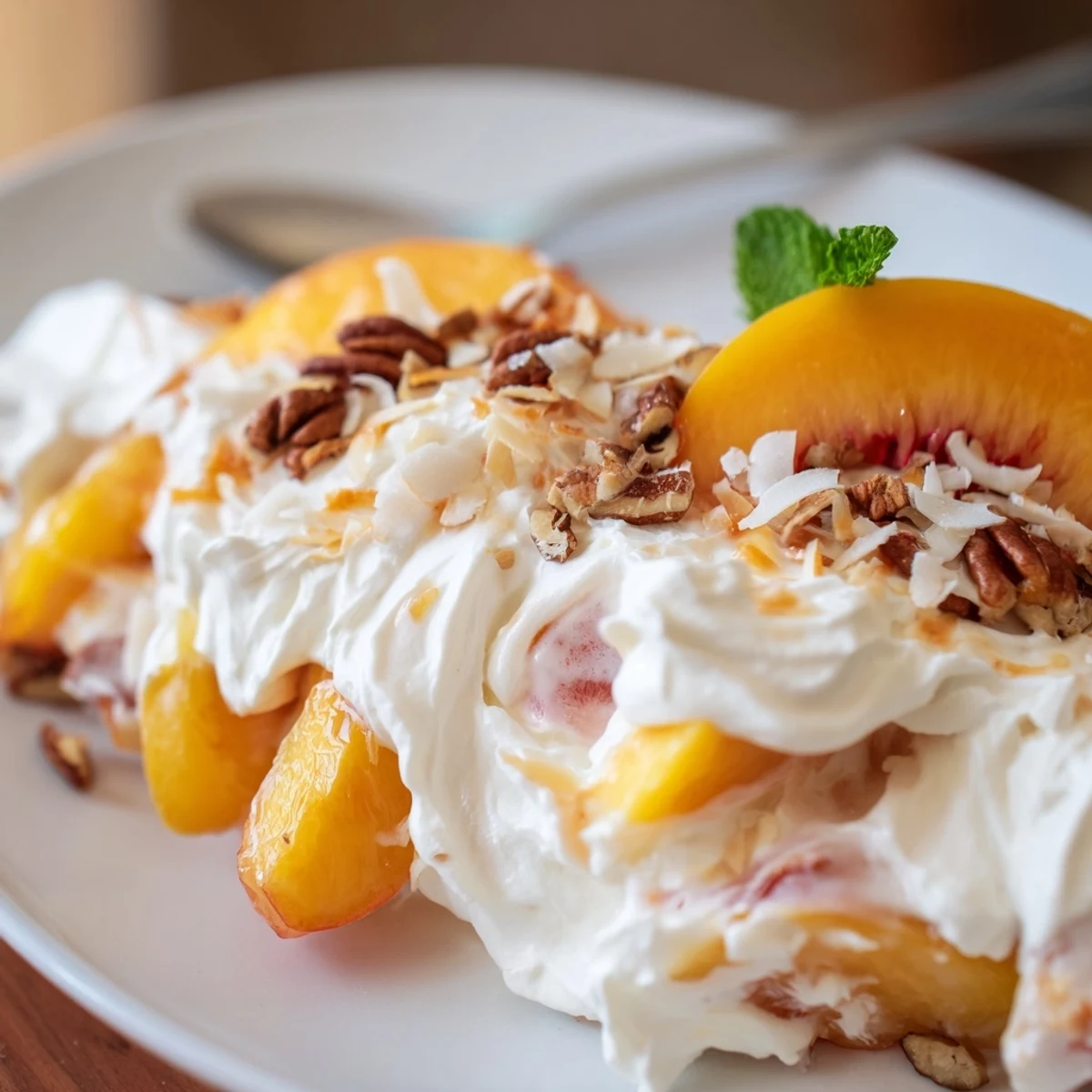 Chilled Millionaire Peach Salad creamy with whipped topping, citrusy mandarin brightness