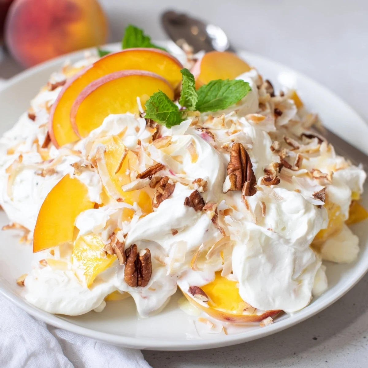 Serve Millionaire Peach Salad garnished with mint, coconut flakes, and honey drizzle