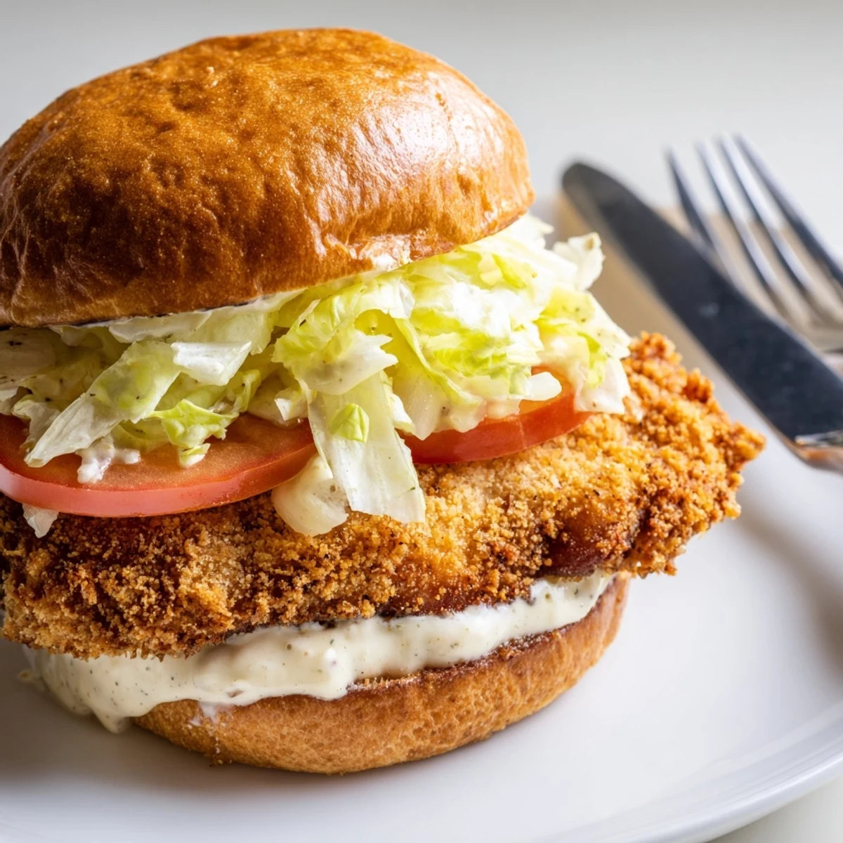 Crispy Chicken Sandwich With Caesar Dressing, golden fried breast, crunchy lettuce, ripe tomato