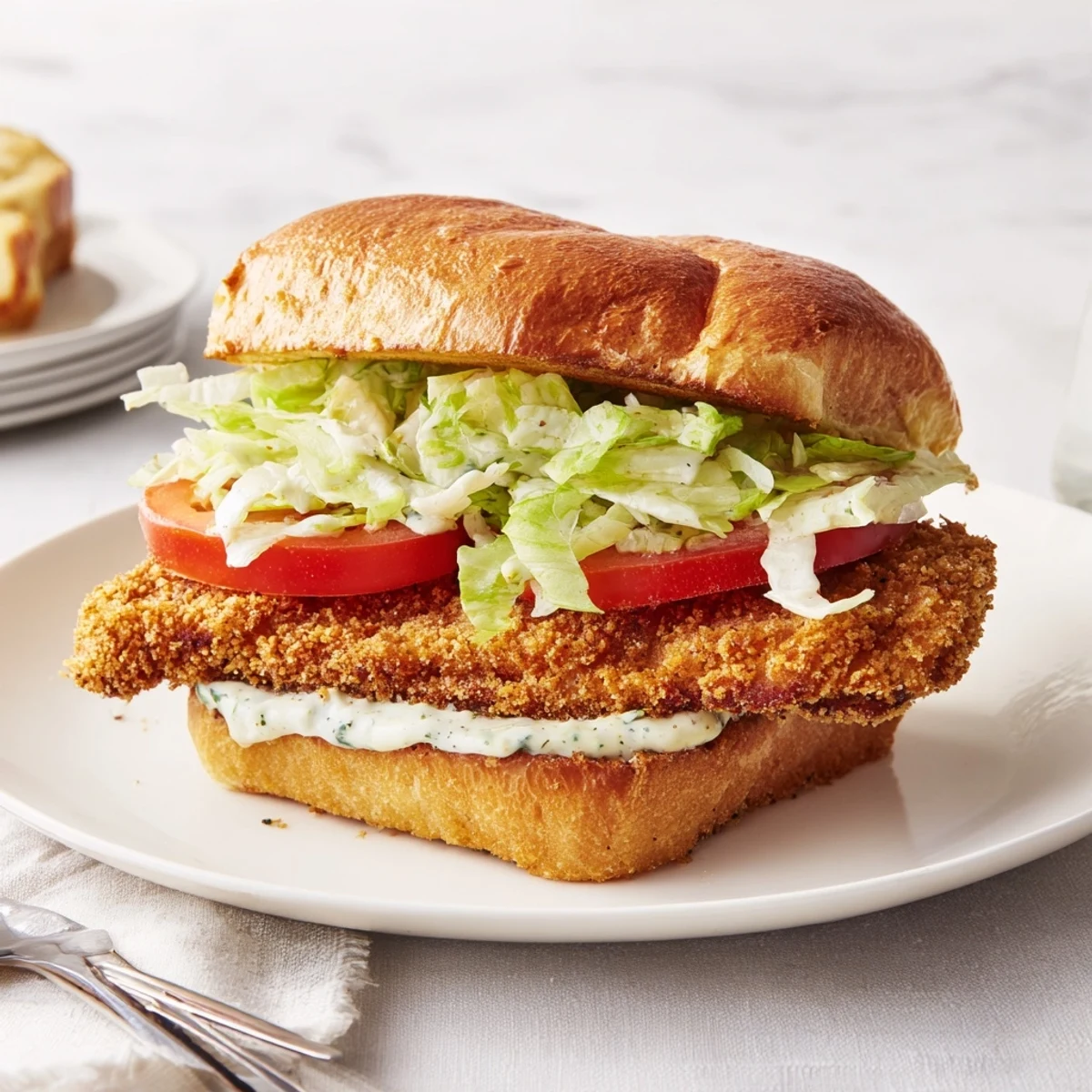 Warm toasted brioche holds a Crispy Chicken Sandwich With Caesar Dressing for lunch