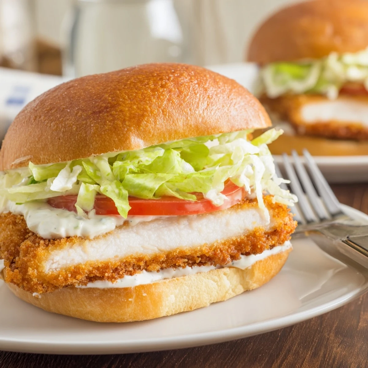 Crunchy panko crust, tangy Parmesan, sliced tomato atop Crispy Chicken Sandwich With Caesar Dressing