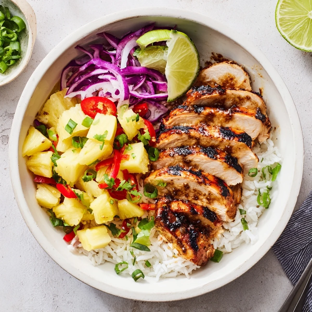 Jerk Chicken Bowl With Pineapple Salsa piled over steaming jasmine rice, vibrant