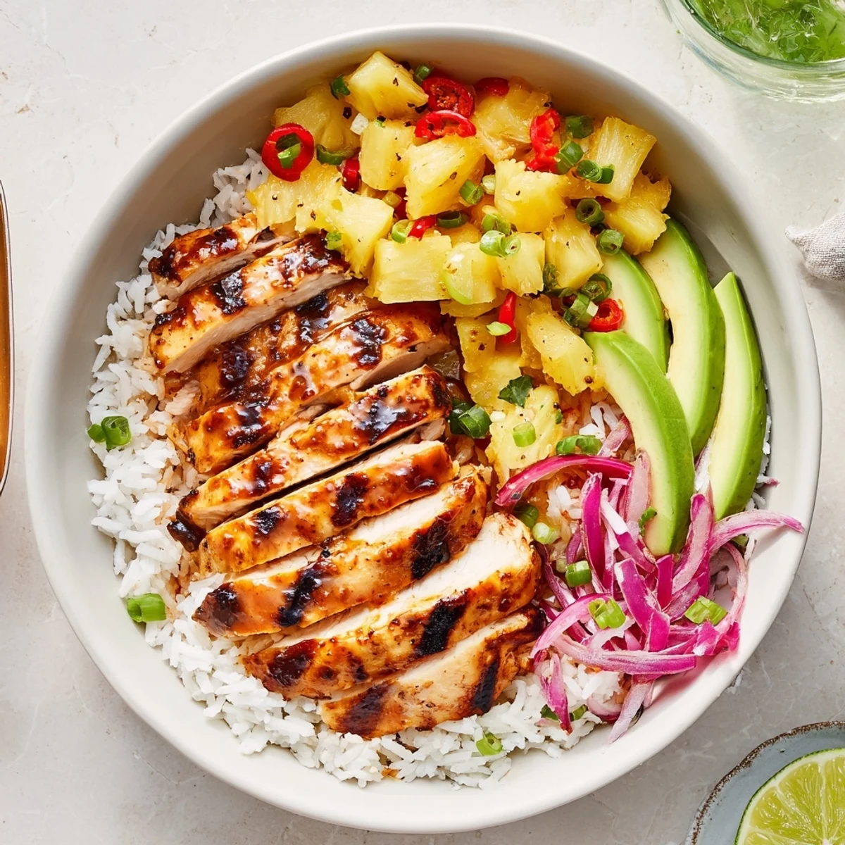 Sliced grilled chicken in Jerk Chicken Bowl With Pineapple Salsa, colorful toppings