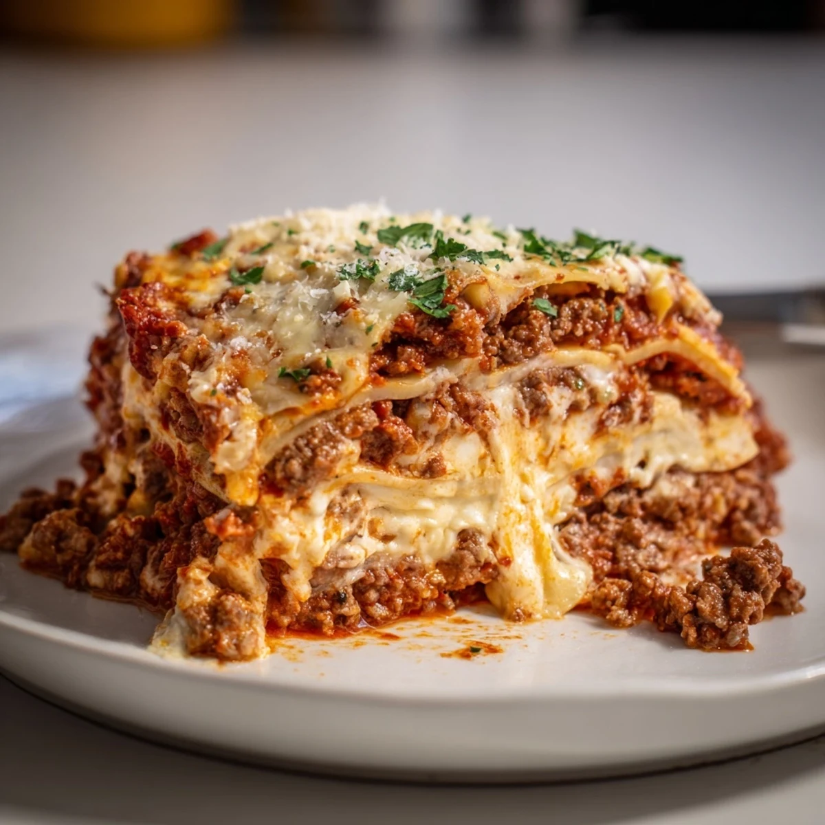 Comforting Slow Cooker Lasagna sliced on plate beside garlic bread and salad.