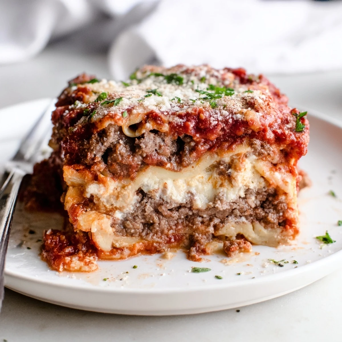 Hearty Slow Cooker Lasagna layered with ricotta, meat sauce, fresh parsley garnish.