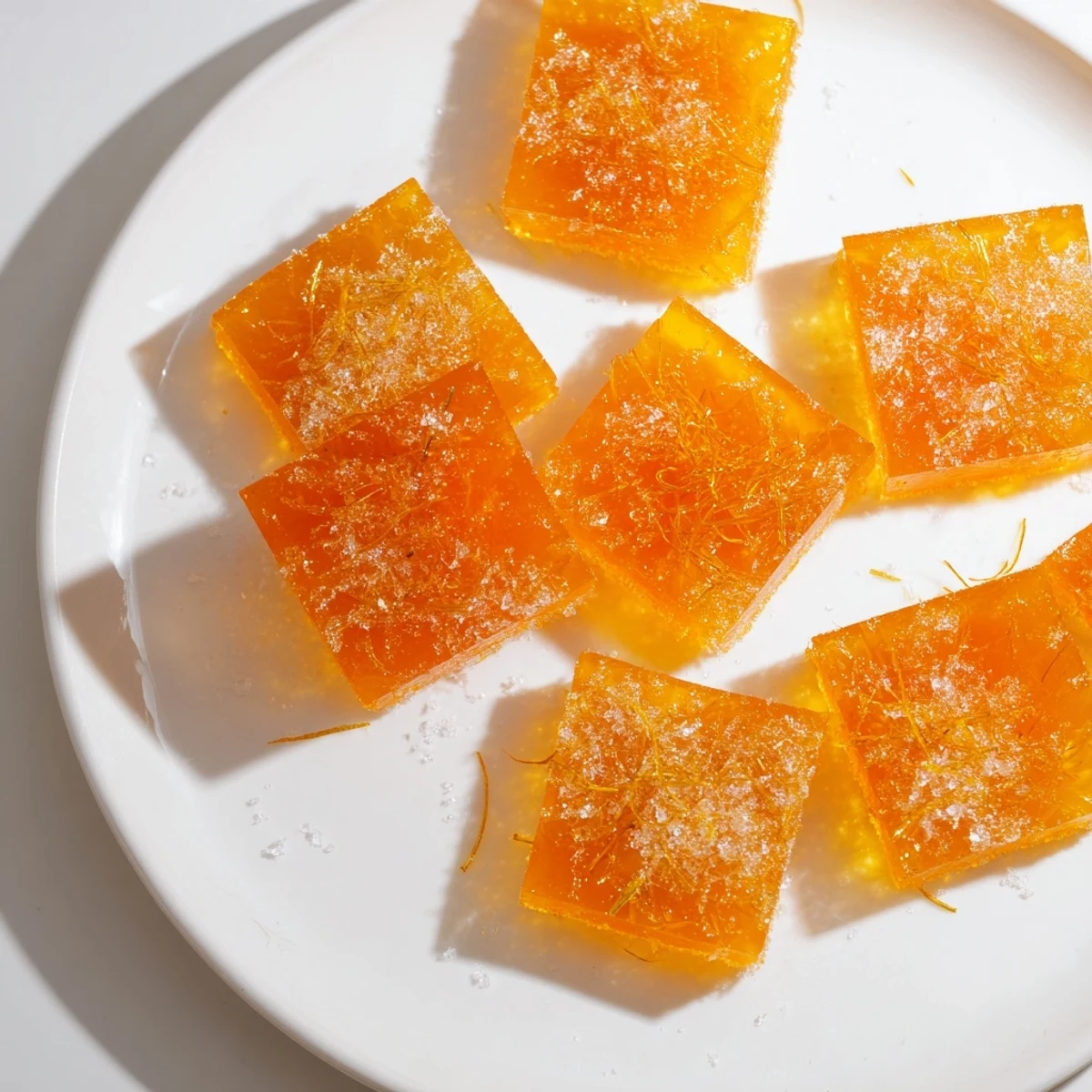 Classic homemade orange candy arranged on parchment, sugar-coated, chewy citrus squares