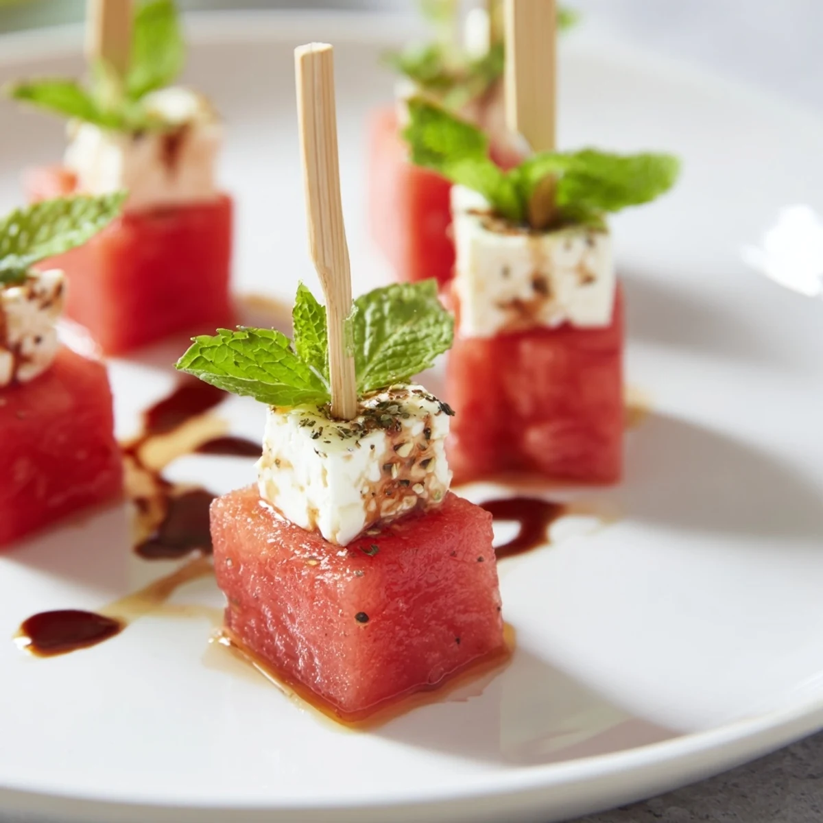 Platter of chilled Watermelon Feta And Mint Skewers glistening with olive oil