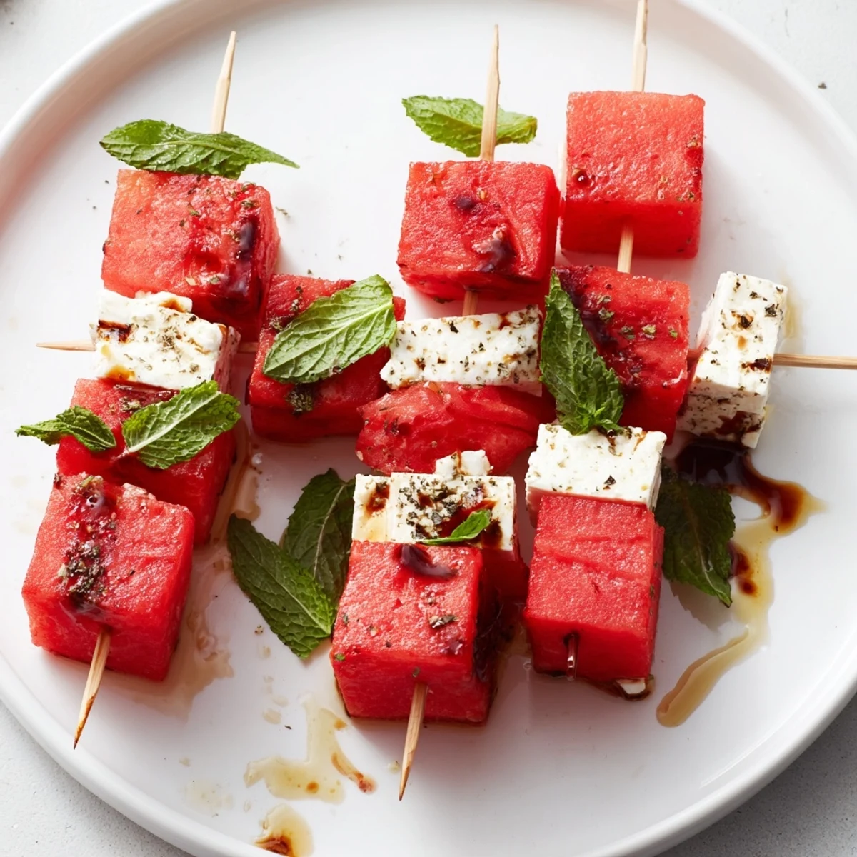 Serve Watermelon Feta And Mint Skewers chilled with balsamic glaze and pepper