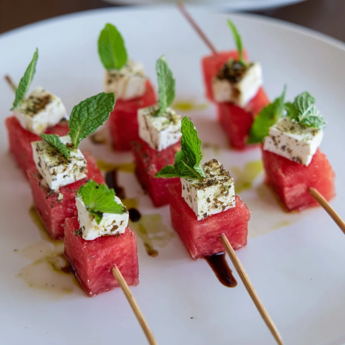 Bite size Watermelon Feta And Mint Skewers threaded on bamboo, juicy and tangy