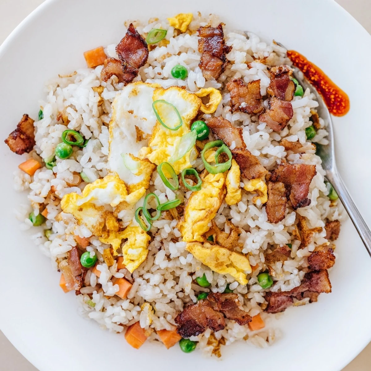 Breakfast Fried Rice with crispy bacon, fluffy eggs, scallions, steaming in skillet