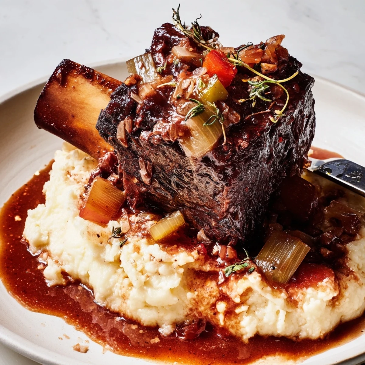 Slow Cooker Short Ribs glistening in rich sauce over creamy mashed potatoes