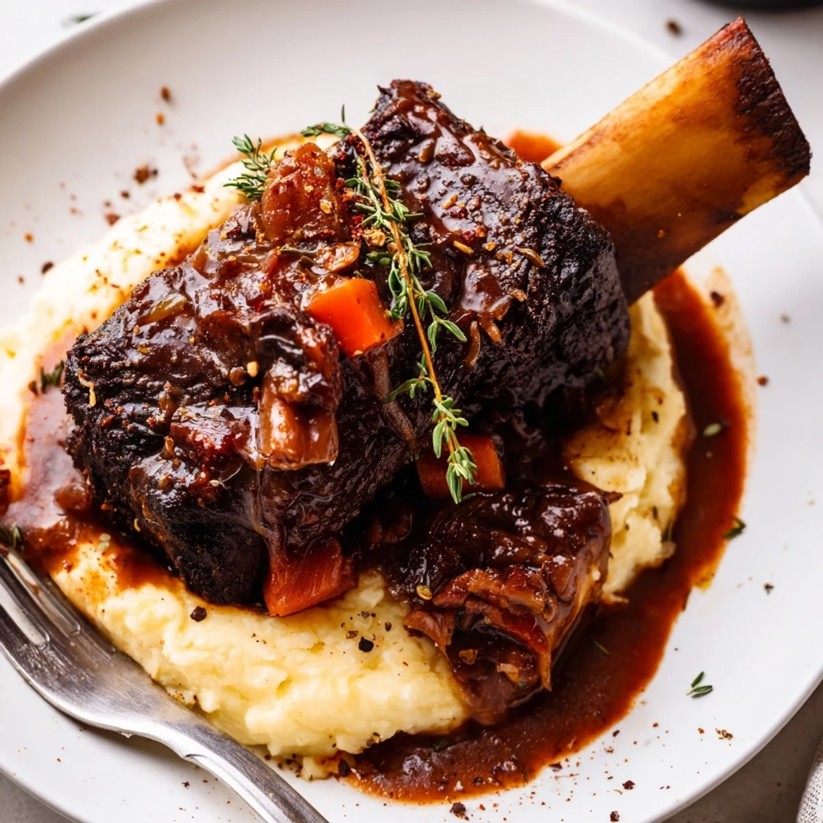 Seared Slow Cooker Short Ribs falling off bone, spooning glossy sauce atop polenta