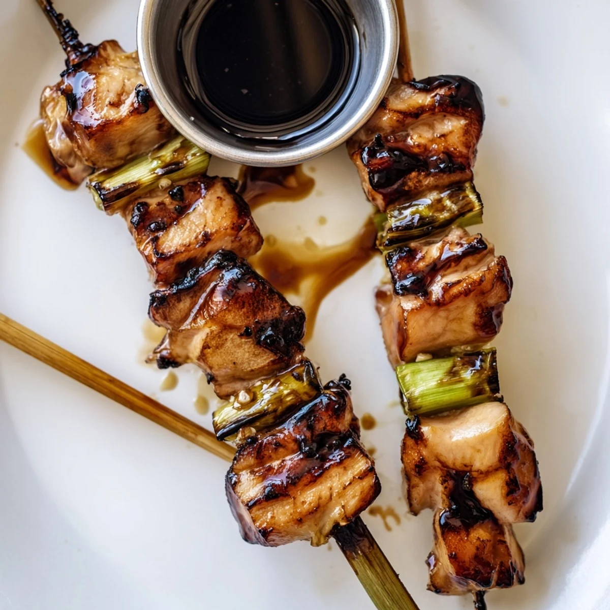 Charred scallions and juicy chicken on skewers in Japanese Chicken Yakitori Recipe.