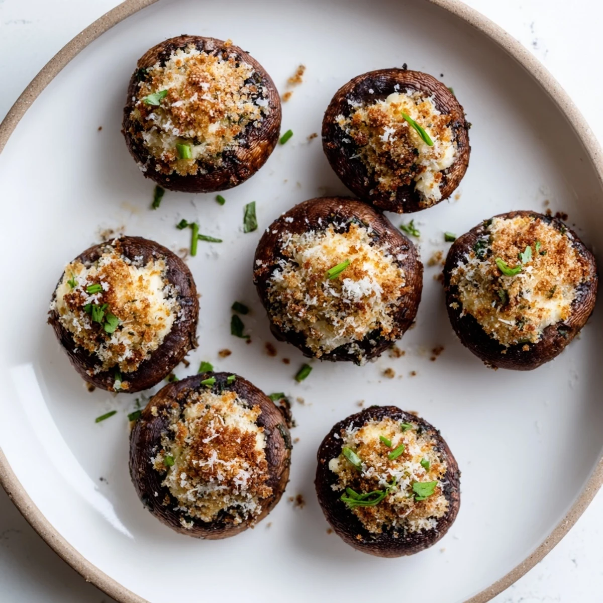 Air Fryer Stuffed Mushrooms with golden-topped filling, steaming on serving plate