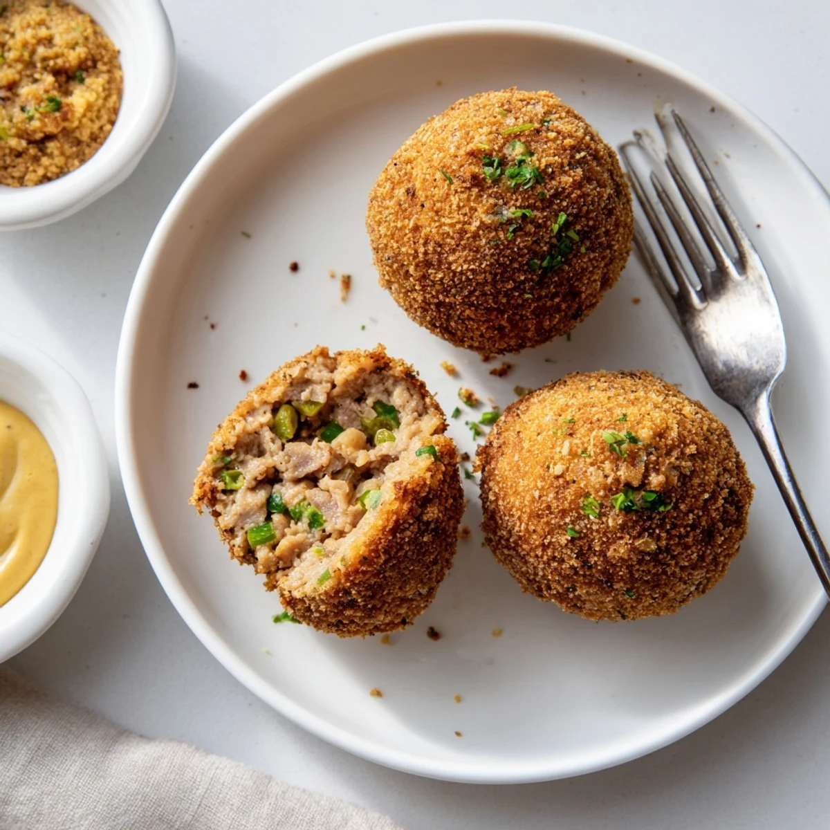 Cajun Boudin Balls piled golden and crispy, steaming beside Creole mustard