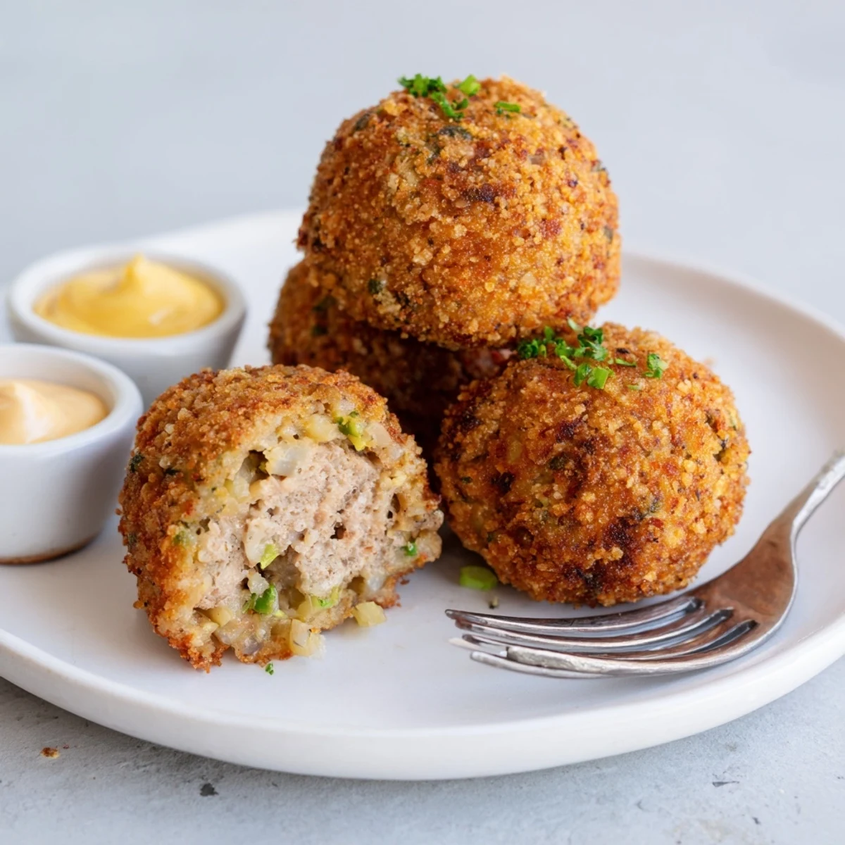 Party plate of Cajun Boudin Balls with tangy remoulade, steaming and aromatic