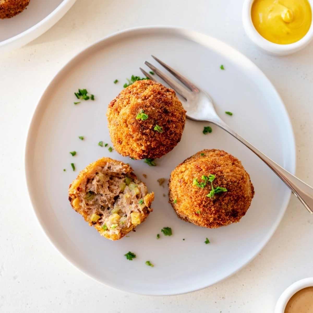 Close-up of Cajun Boudin Balls showing crunchy breadcrumb crust and juicy filling