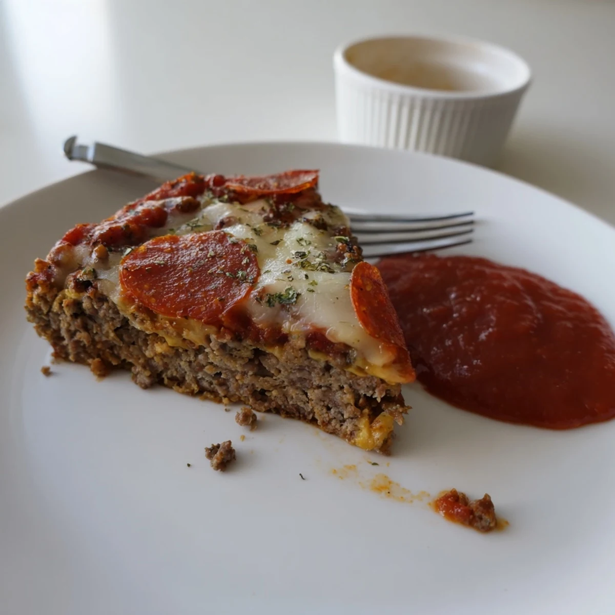 Sliced Pizza Meatloaf with bubbling mozzarella, crispy pepperoni, steam rising, plated