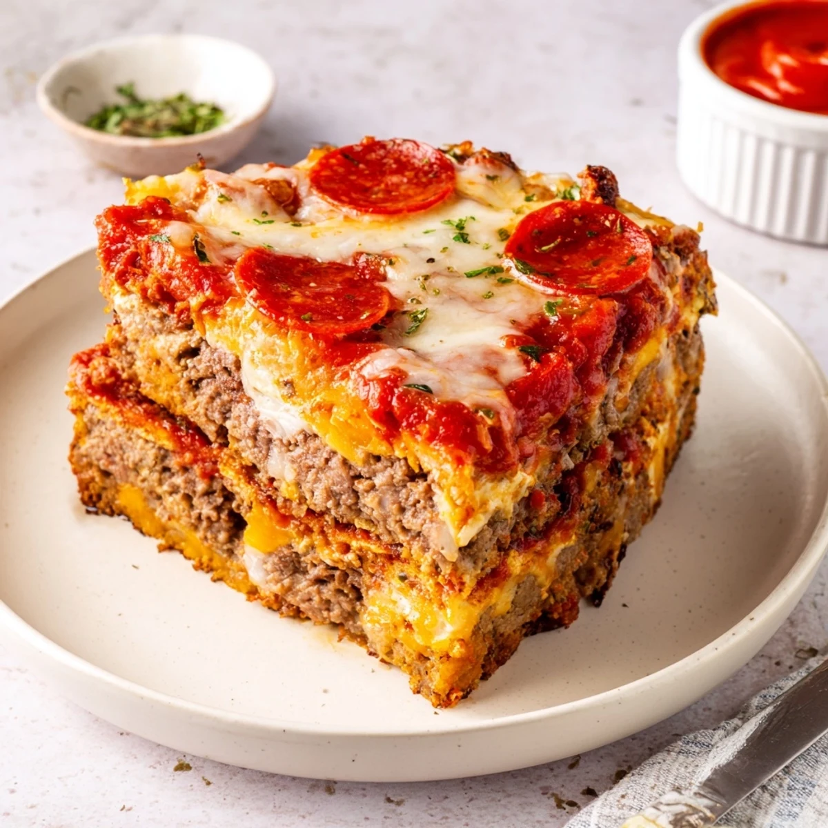 Hearty Pizza Meatloaf slices served with extra sauce and a green salad