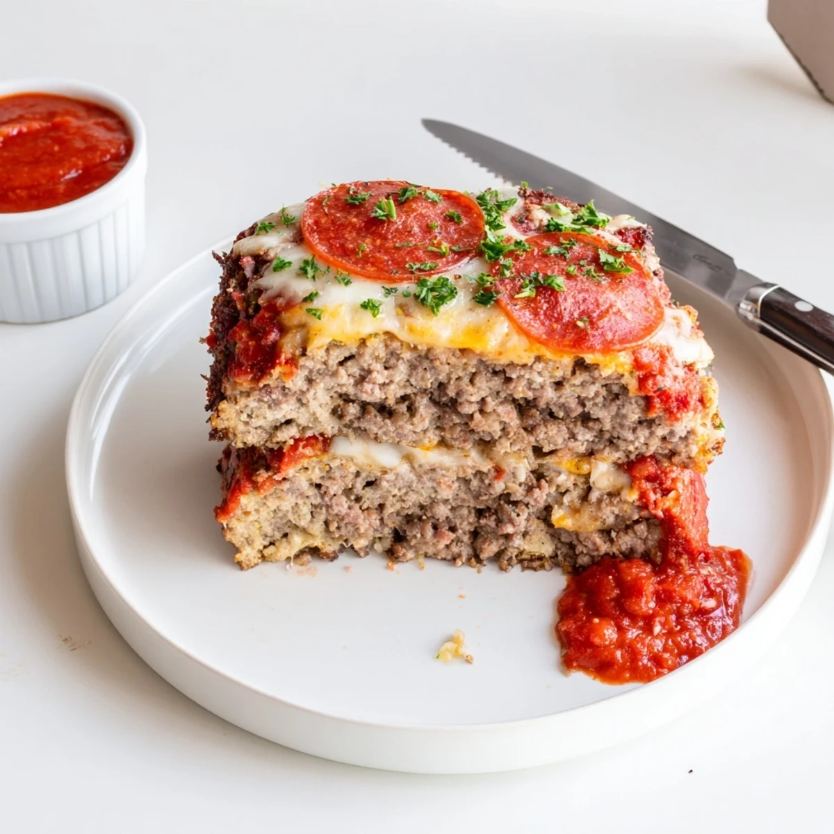 Loaf of Pizza Meatloaf cooling on board, golden cheese and fresh herbs