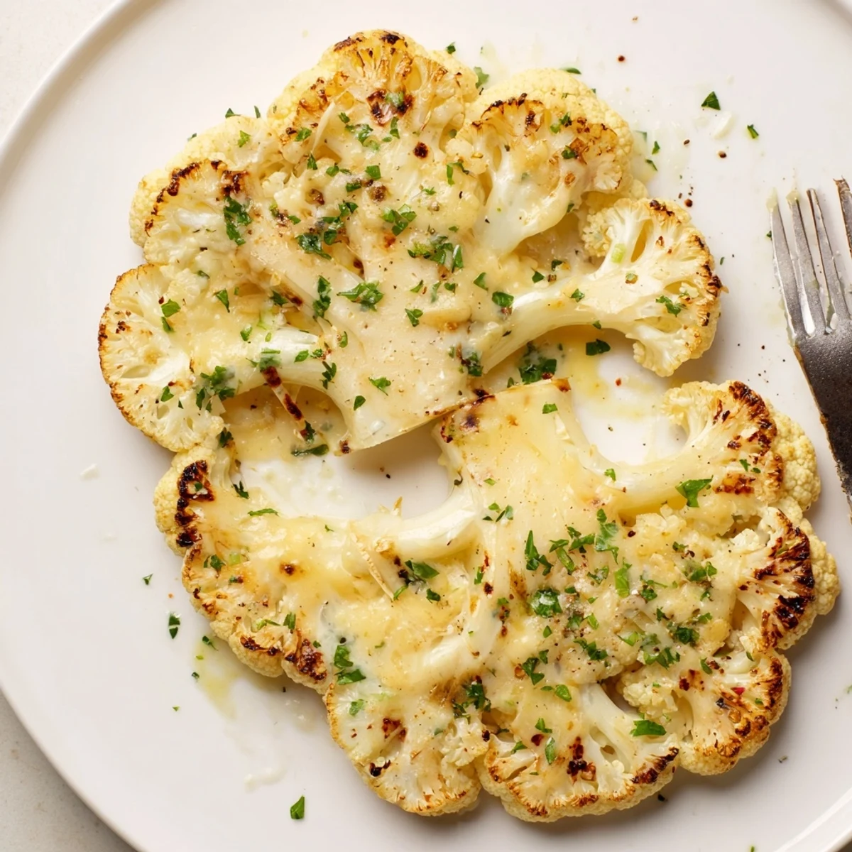 Cheesy Cauliflower Steaks with bubbly golden crust, roasted edges and parsley garnish