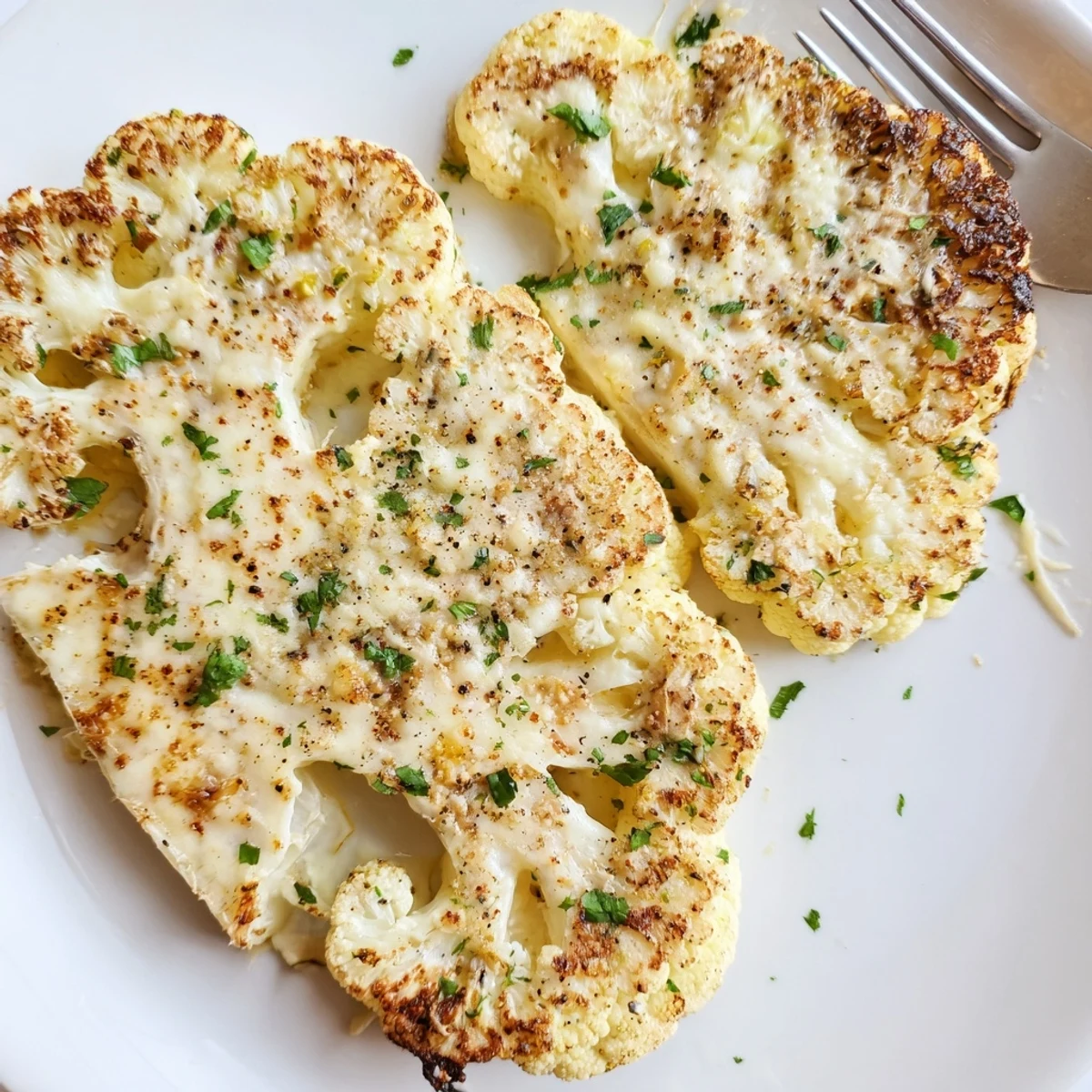 Weeknight Cheesy Cauliflower Steaks served warm alongside salad or crusty bread