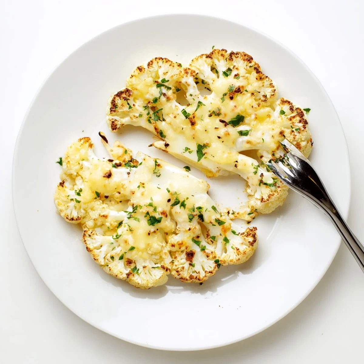 Oven-roasted Cheesy Cauliflower Steaks sliced thick, seasoned, melty cheese topping
