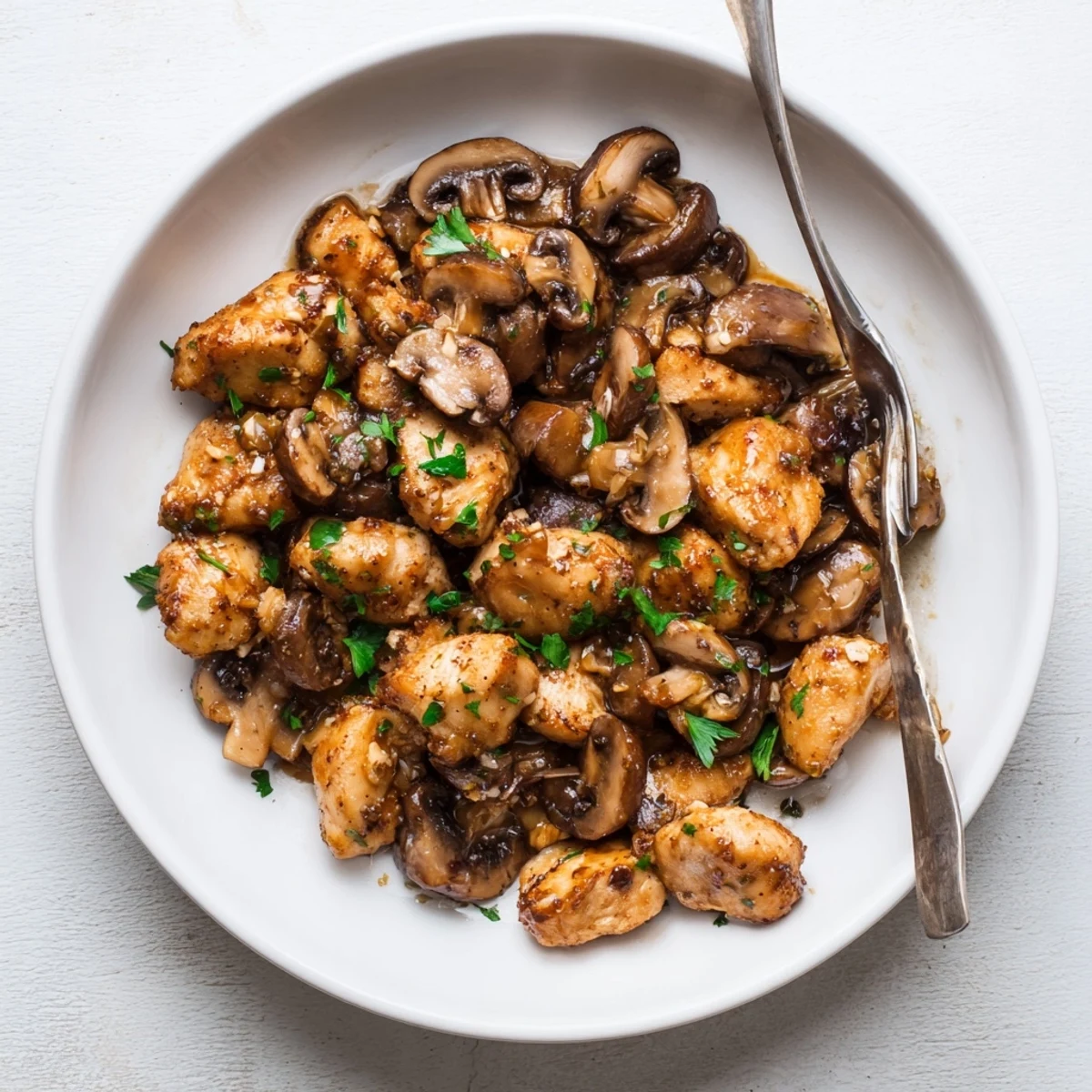 Marsala Mushroom Chicken Bites glistening in wine sauce, garnished with fresh parsley  