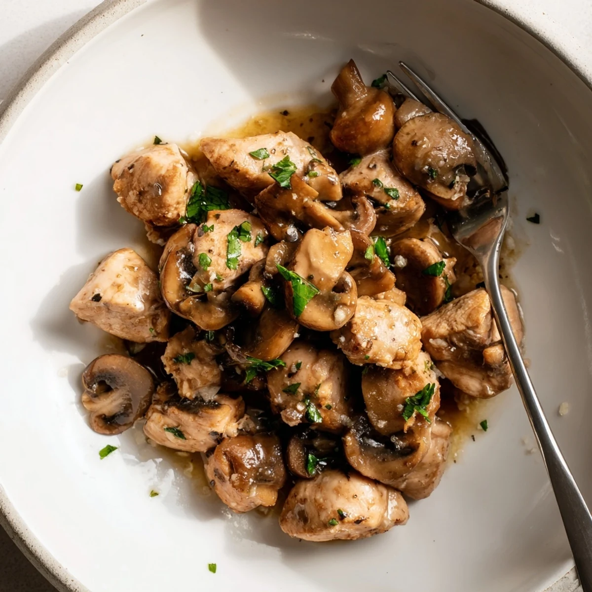 Warm Marsala Mushroom Chicken Bites served over creamy mashed potatoes, steam rising  