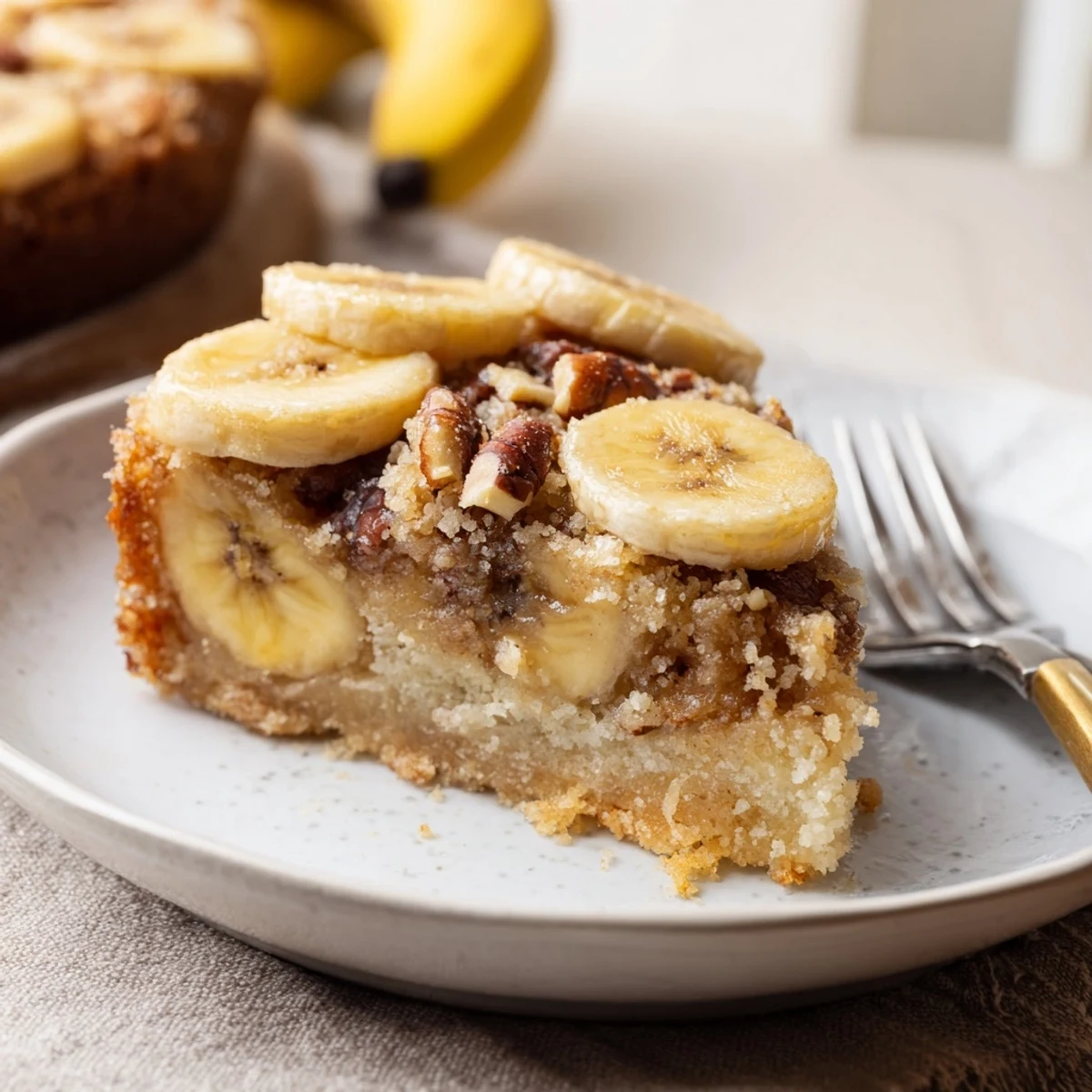Warm Old Fashioned Banana Cobbler in baking dish, cinnamon-scented, soft banana filling