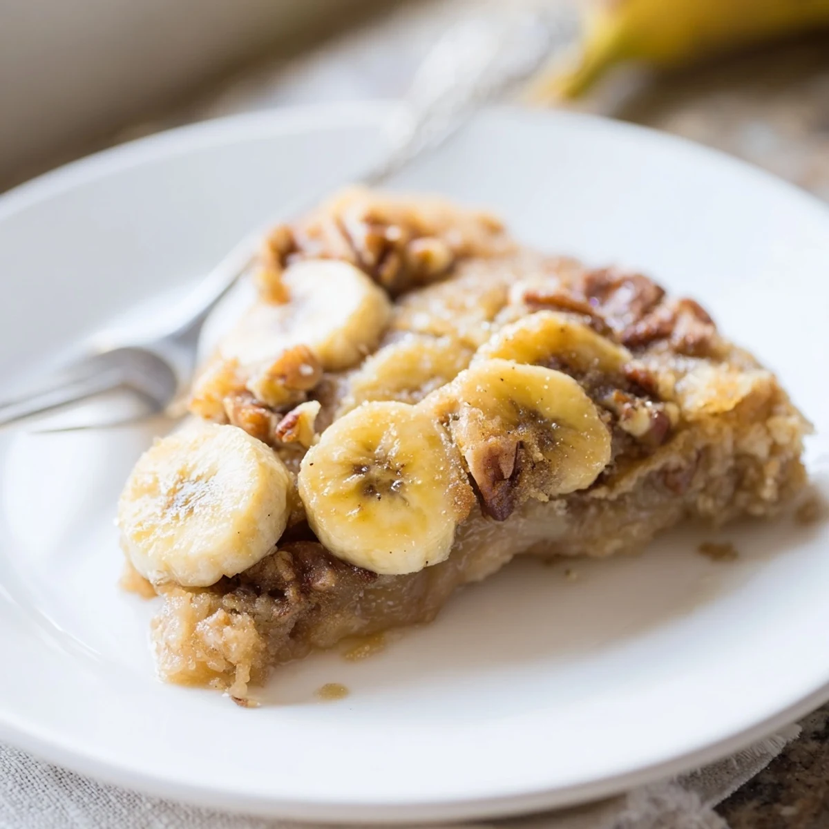 Slice of Old Fashioned Banana Cobbler on plate, buttery crust and ripe banana slices