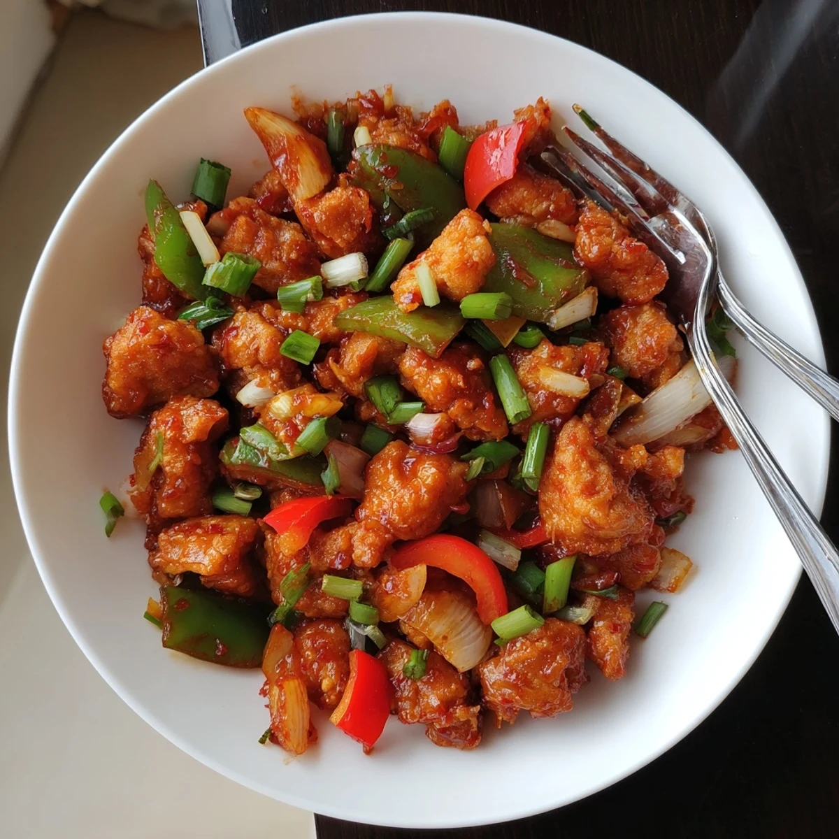 Crispy Flavorful Chilli Chicken Indo Chinese piled on jasmine rice, garnished with spring onions