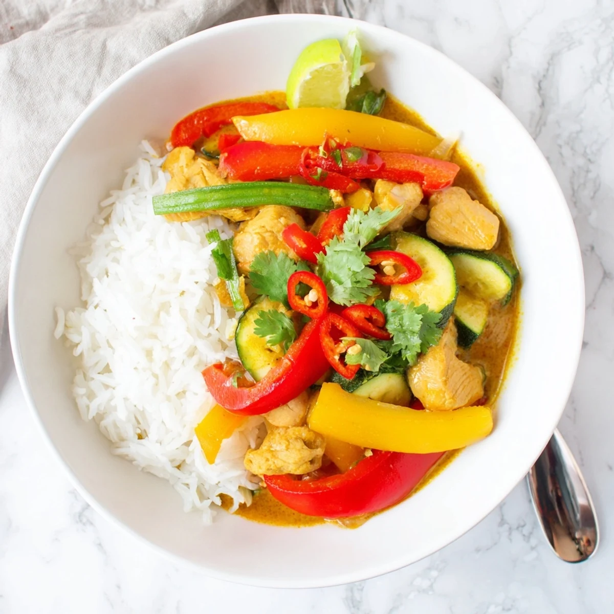 Bright Spicy Summer Coconut Chicken Curry with tender chicken, sweet peppers, creamy coconut