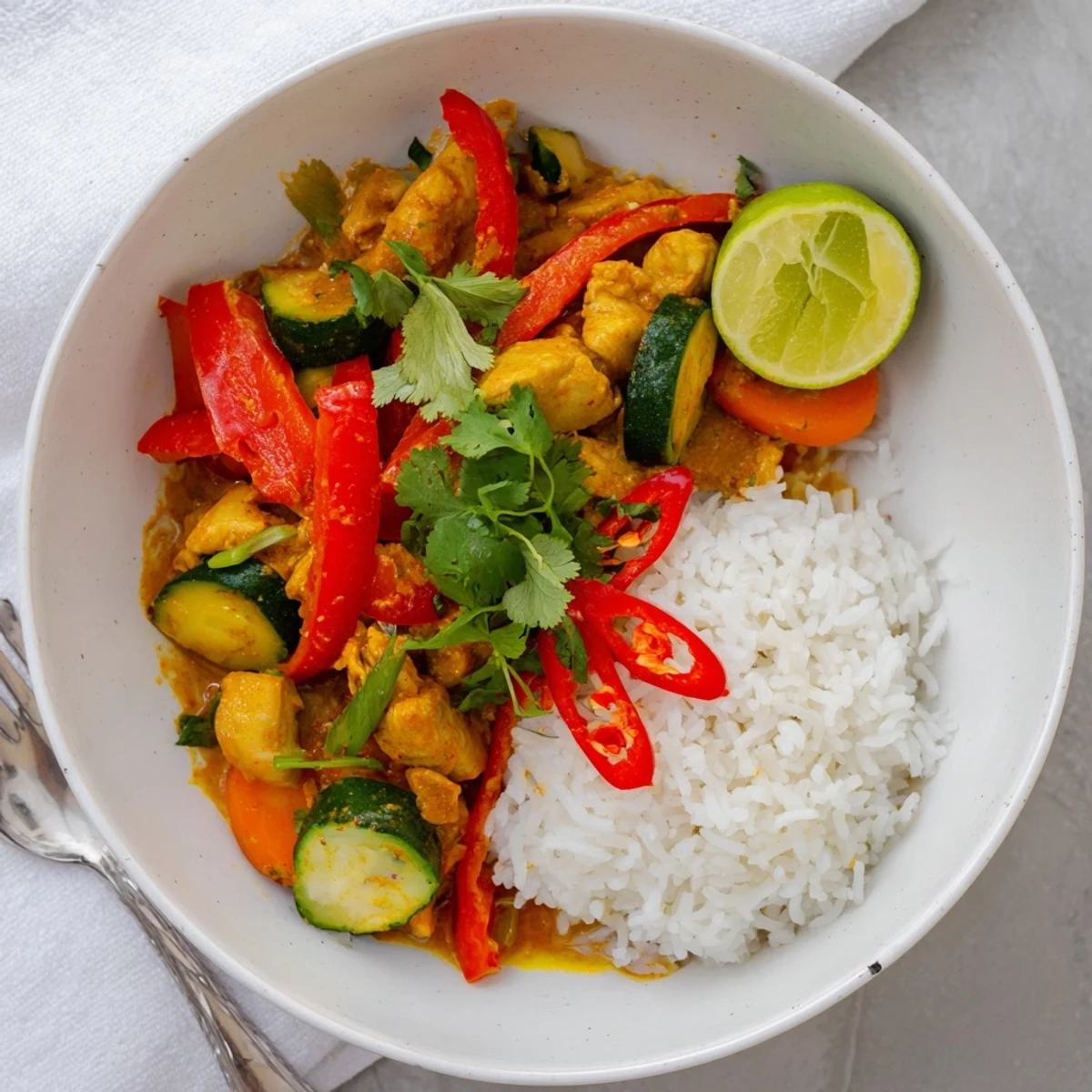 Spicy Summer Coconut Chicken Curry steaming over jasmine rice, cilantro and lime