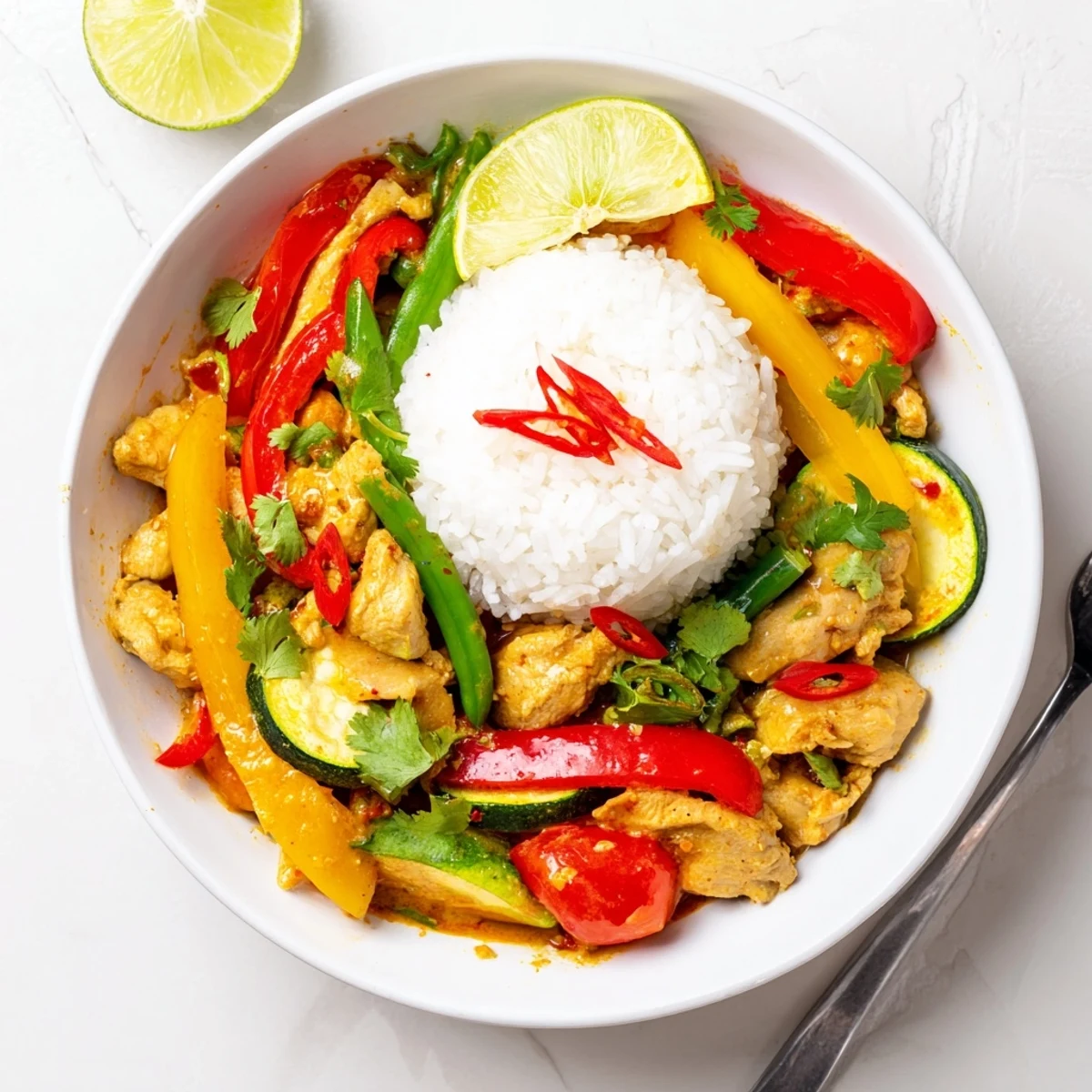 Zesty Spicy Summer Coconut Chicken Curry in a skillet, cherry tomatoes bursting