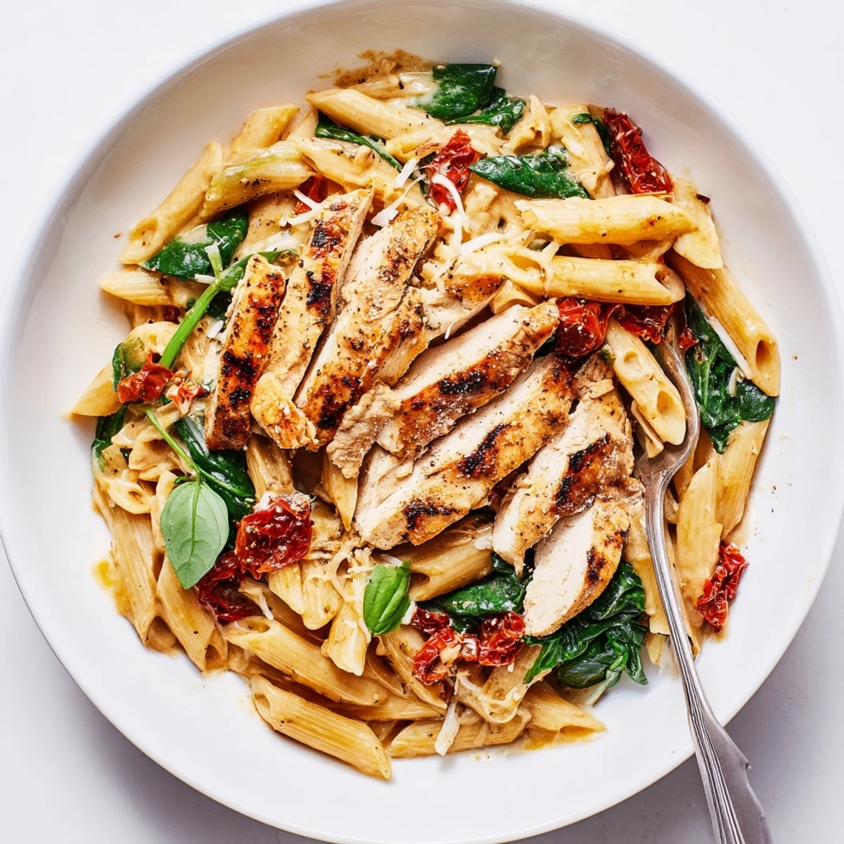 Tuscan Grilled Chicken Pasta with sun dried tomatoes, creamy sauce, basil garnish  