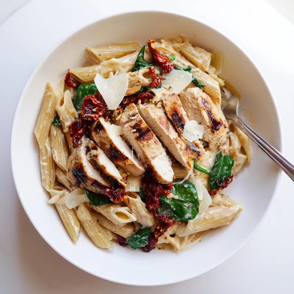 Smoky Tuscan Grilled Chicken Pasta tossed with spinach and Parmesan, steaming  