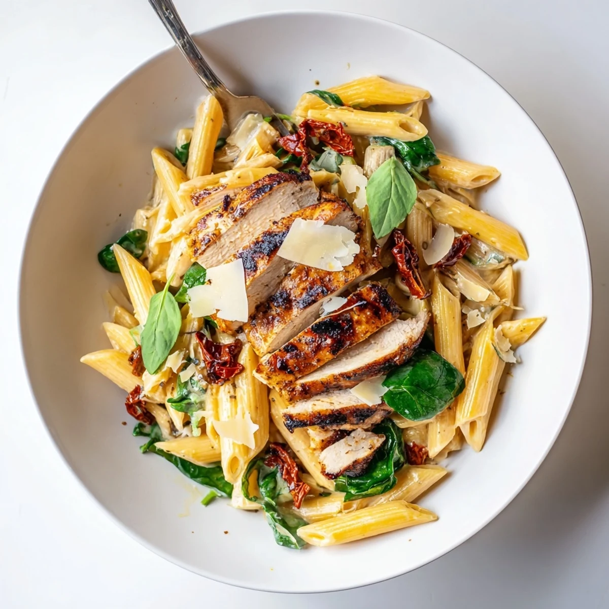 Plated Tuscan Grilled Chicken Pasta on white bowl, al dente fettuccine, inviting