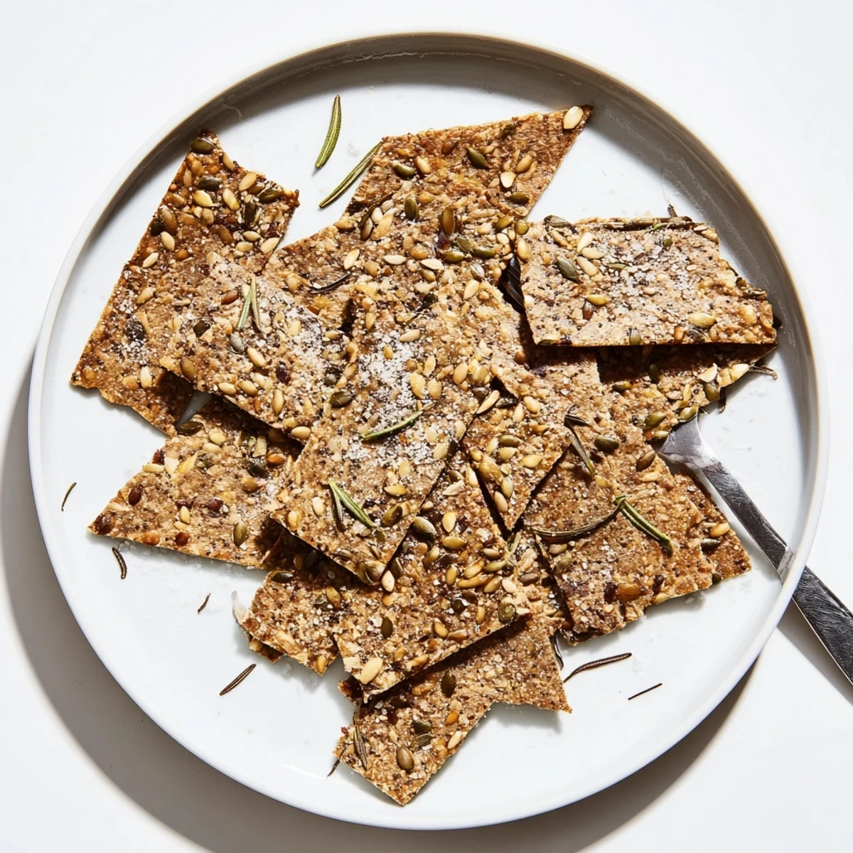 Seed Crackers, thin and golden, crispy seed snack served with creamy hummus