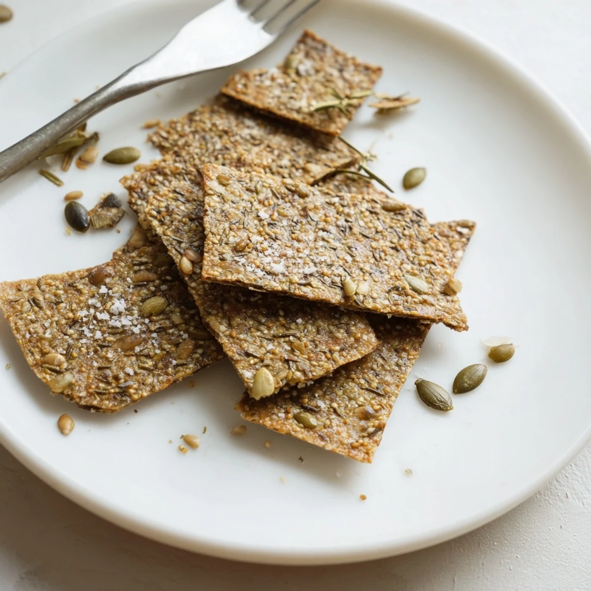 Crunchy Seed Crackers cooling on parchment, toasted edges, sprinkled with sea salt